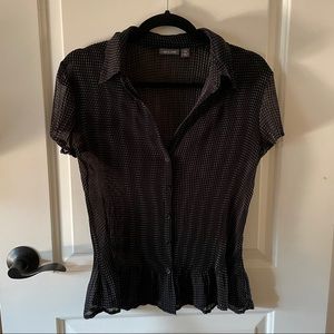 Pleated button-up polka-dot blouse